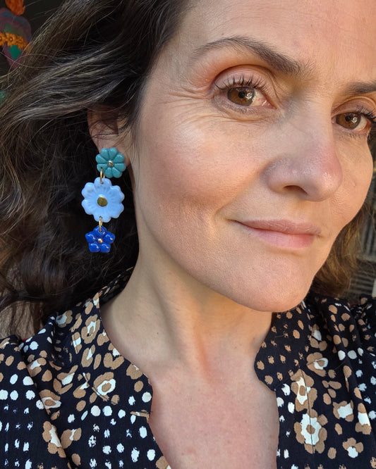 Aros 3 piezas flores rosa y oro celeste