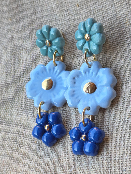 Aros 3 piezas flores rosa y oro celeste