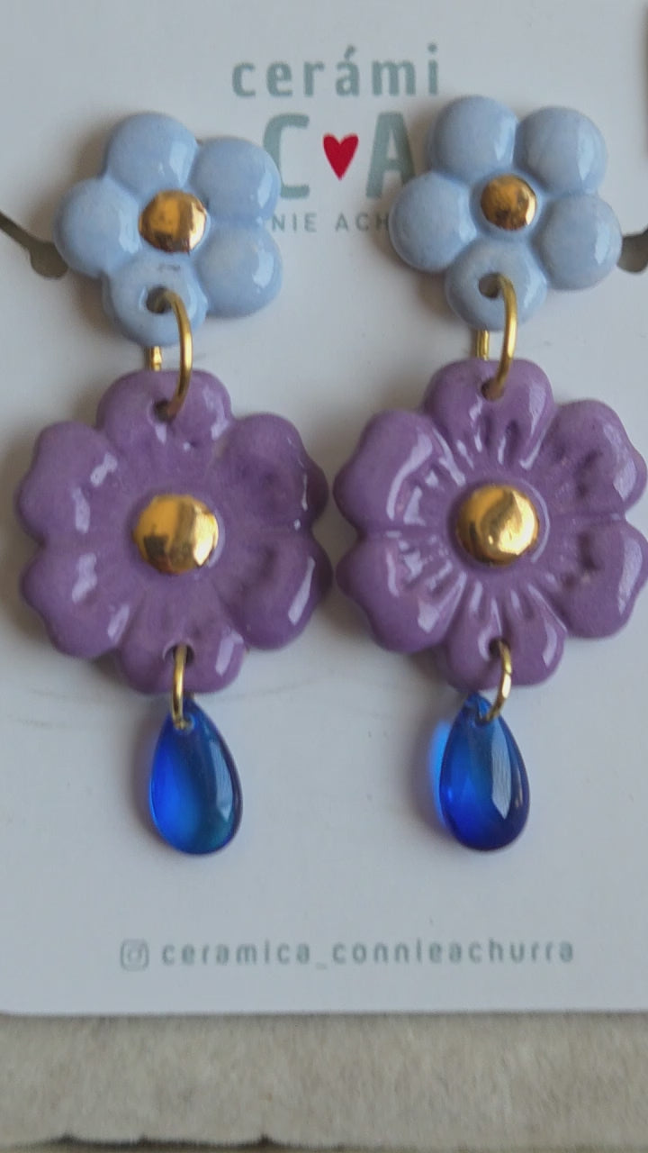 Aros 3 piezas celeste, morado y azul con oro