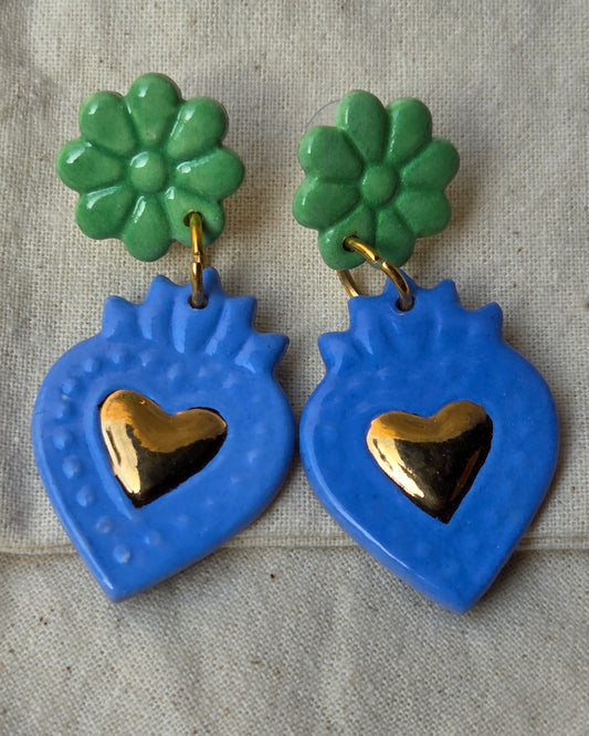 Aros corazón oro 2 piezas azul y verdes M+