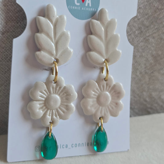 Aros 3 piezas blanco y lagrimita verde