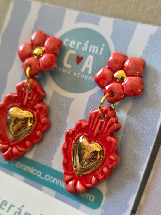 Aros corazón oro rojo