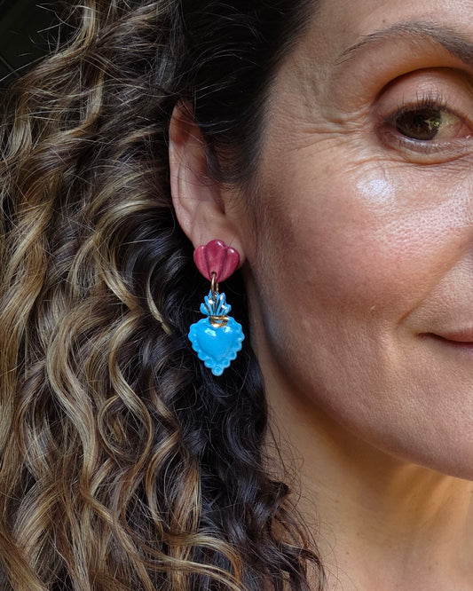 Aros 2 piezas celeste + lustre de oro M, sagrado corazón