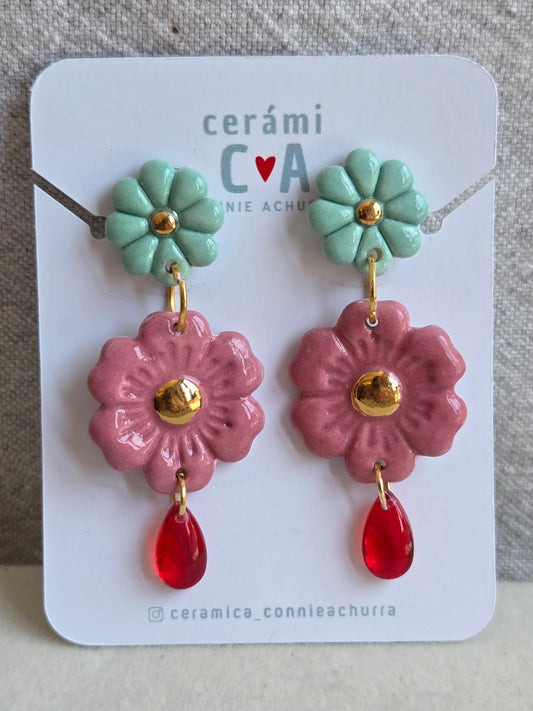 Aros 3 piezas rosa, turquesa y rojo con oro