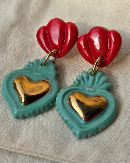 Aros corazón oro 2 piezas turquesa M