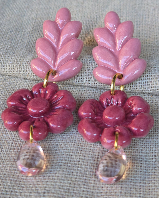 Aros 3 piezas flor + lágrima rosa y magenta L