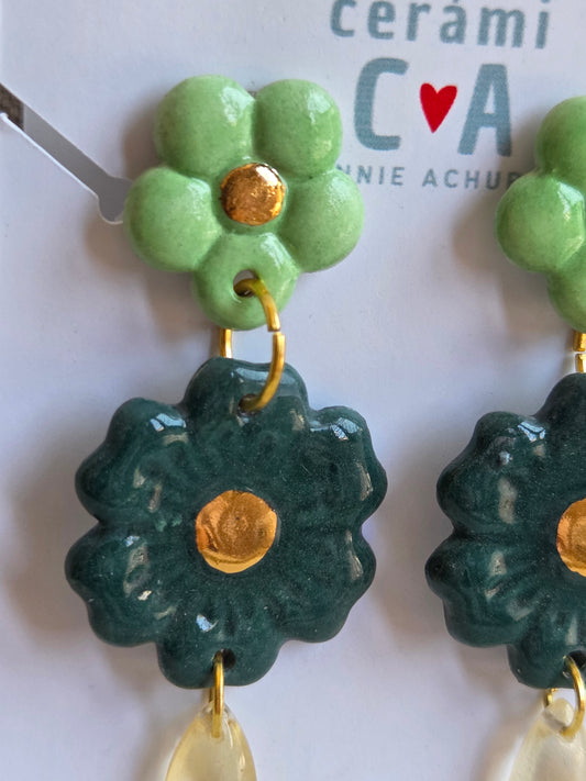 Aros 3 piezas en tonos verde con oro