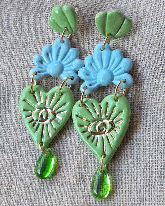 Aros 3 piezas corazón de rayos, lagrimita de vidrio y lustre de oro verde XL