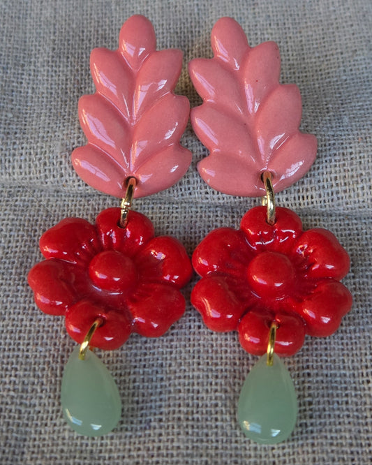 Aros 3 piezas flor + rojo coral y verde L