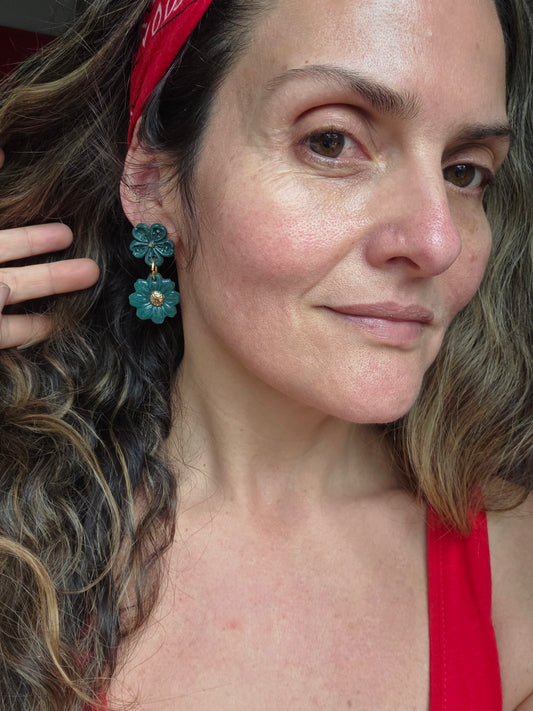 Aros 2 piezas con oro verde petróleo