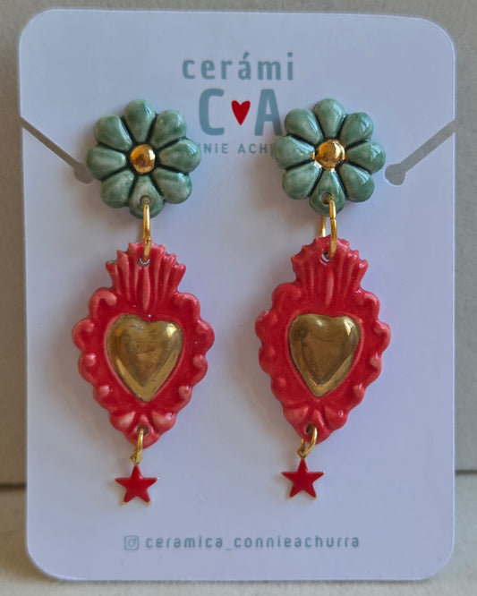 Aros corazón rojo y esmeralda con oro, 2 piezas + estrella