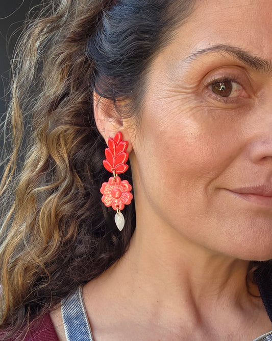 Aros 3 piezas flor + rojo coral blanco L