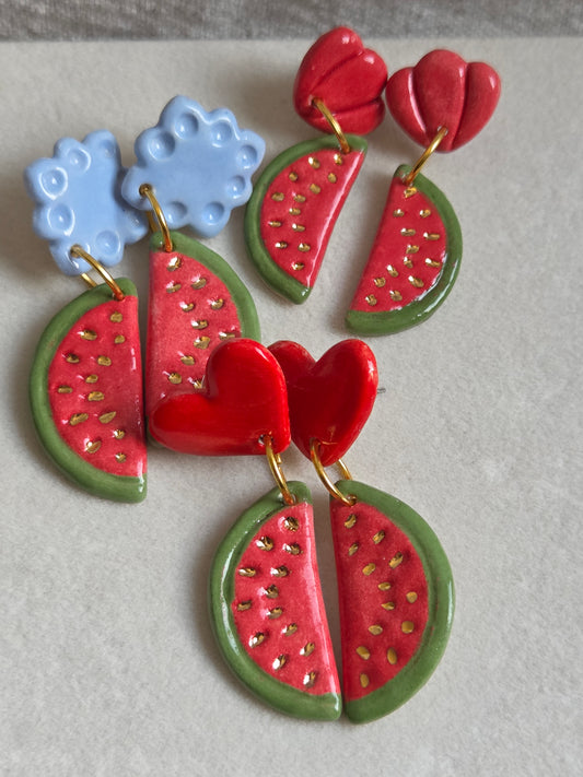 Aros 2 piezas sandías con oro y celeste