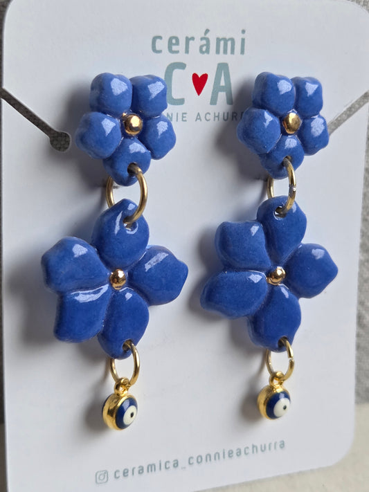 Aros 2 piezas azul/ oro + ojo turco