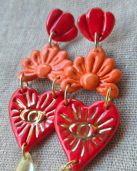 Aros 3 piezas corazón de rayos, lagrimita de vidrio y lustre de oro rojo XL