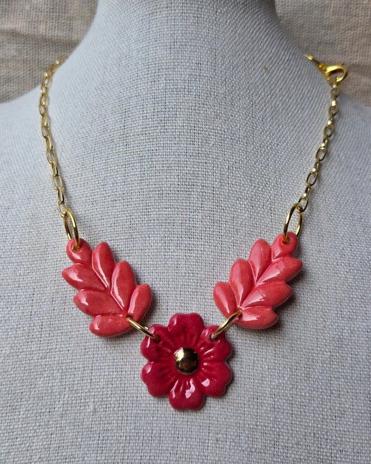 Collar flores fuccia y coral + oro