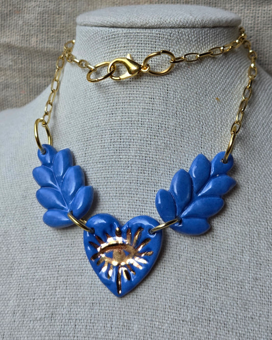 Collar flores corazón azul + oro