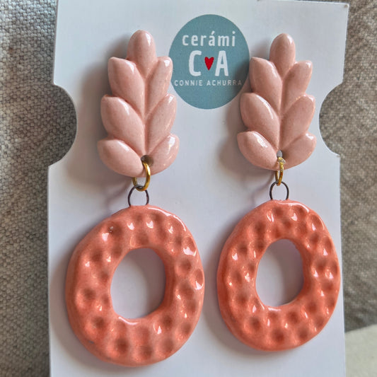 Aros 2 piezas círculos y espiga rosa y coral