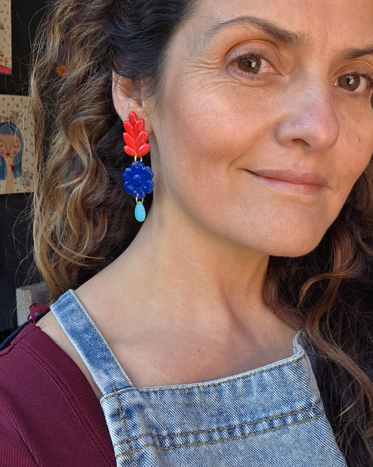 Aros 3 piezas flor rojo, azul y turquesa L