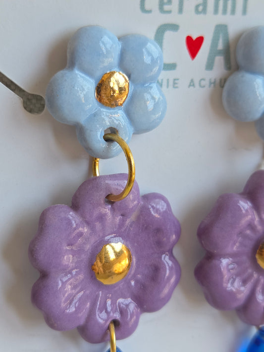 Aros 3 piezas celeste, morado y azul con oro