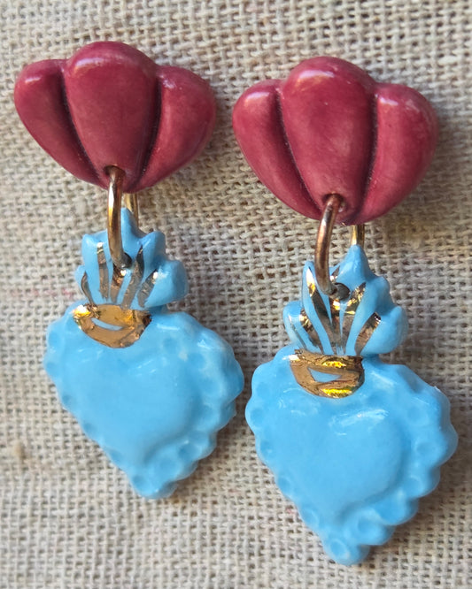Aros 2 piezas celeste + lustre de oro M, sagrado corazón
