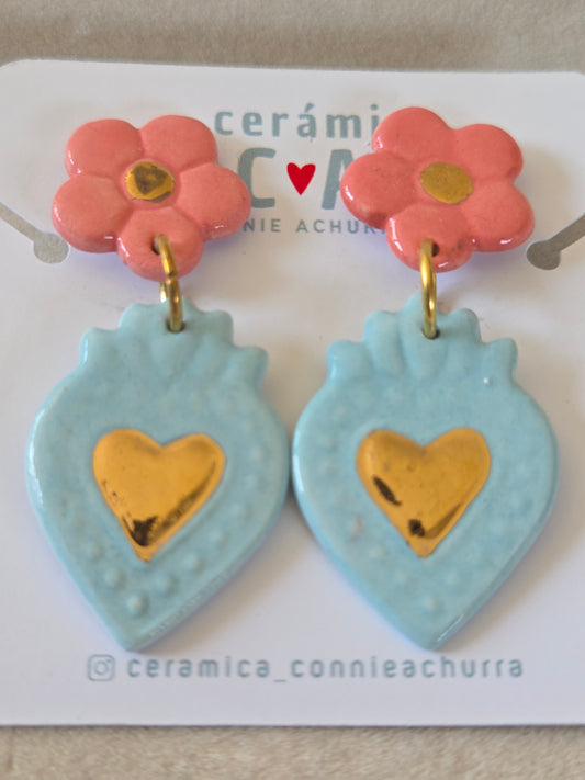 Aros corazón oro celeste coral