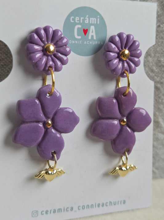 Aros 2 piezas morado/ oro + corazón alado