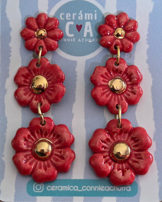 Aros 3 flores cerámica y oro rojos - julio