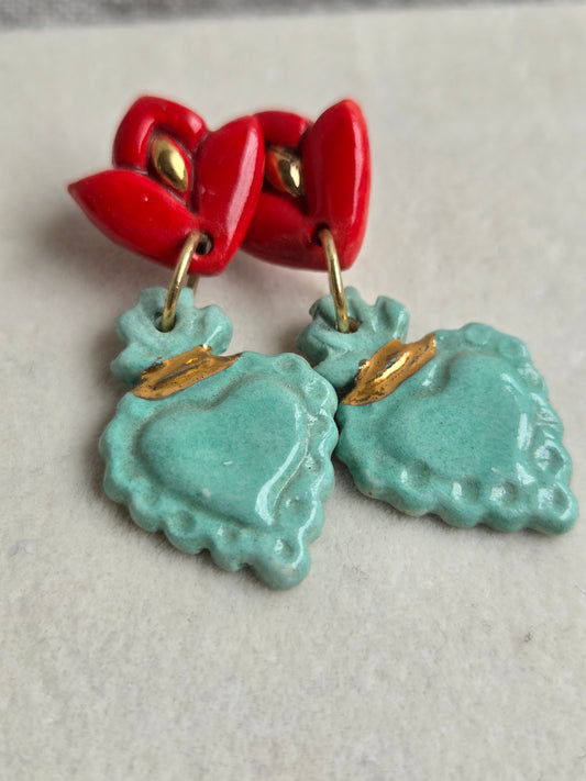 Aros sagrado corazón turquesa, rojo y oro