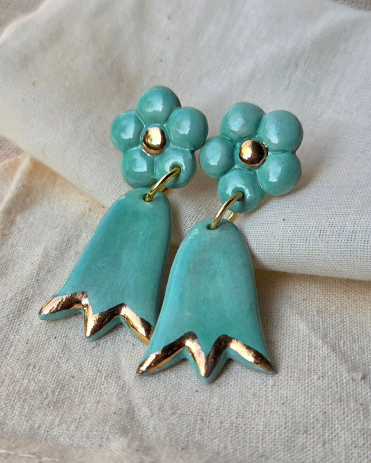 Aros copihues turquesa + lustre de oro L