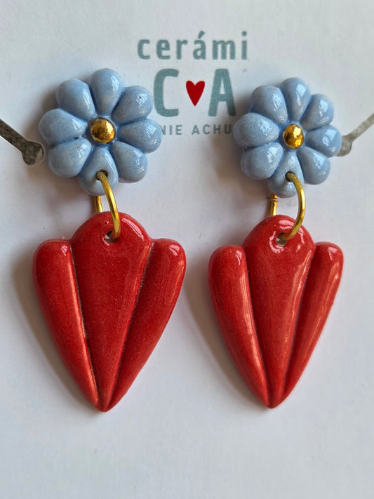 Aros 2 piezas con oro flor celeste y rojo