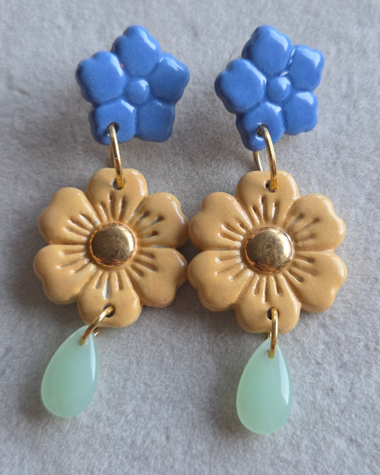 Aros 3 piezas mostaza, y azul con oro