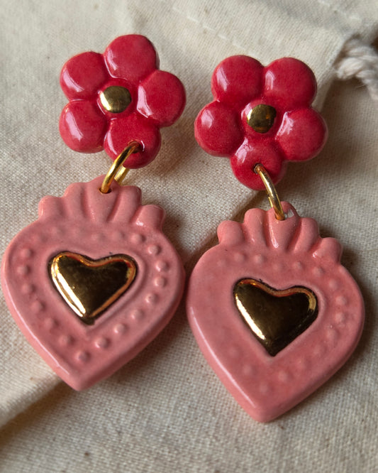 Aros corazón oro 2 piezas fucsia M+