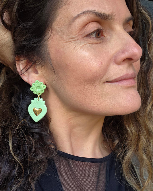 Aros corazón oro 2 piezas verdes M+