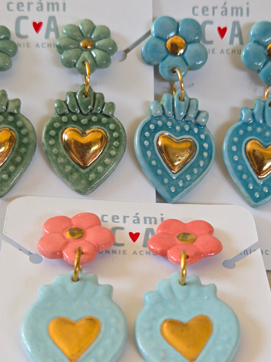 Aros corazón oro verde esmeralda