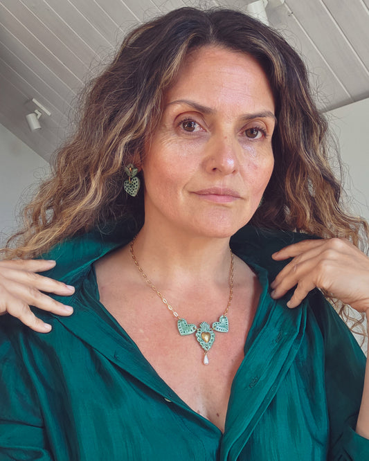 Aros cuore panal verde esmeralda con oro