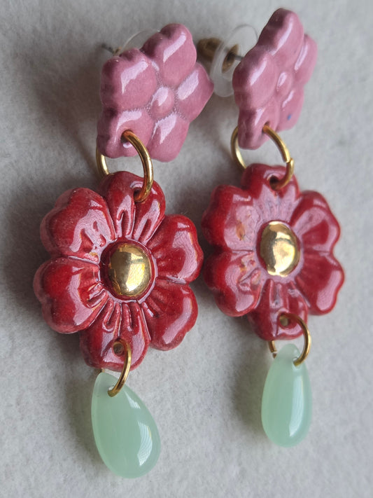 Aros 3 piezas rojo y rosado con oro