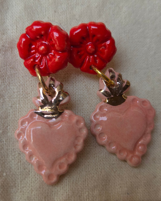 Aros corazón oro 2 piezas rosa rojoa M