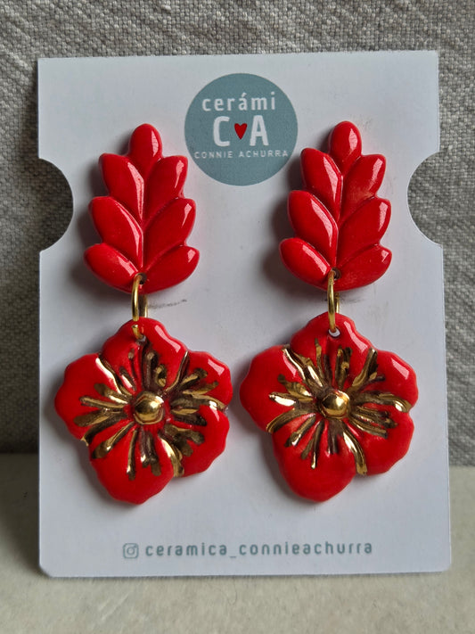 Aros 2 piezas espiga y flor rojo con oro