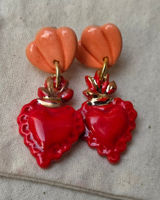 Aros corazón oro 2 piezas rojo naranja M