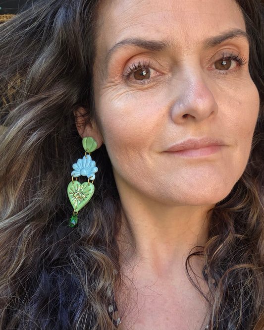 Aros 3 piezas corazón de rayos, lagrimita de vidrio y lustre de oro verde XL