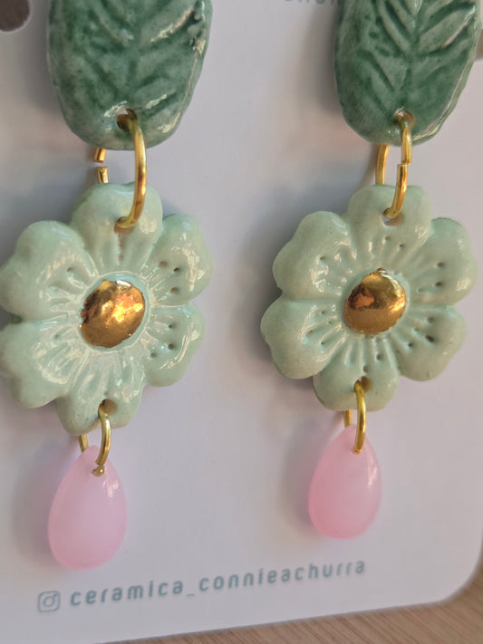 Aros hojita menta y rosa con oro