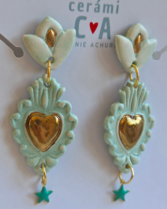Aros corazón menta con oro, 2 piezas + estrella
