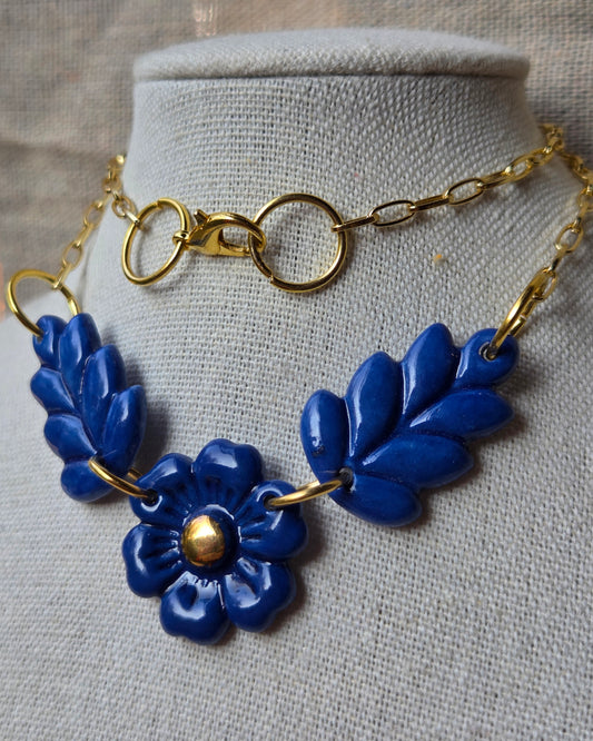 Collar 3 flores azul + oro