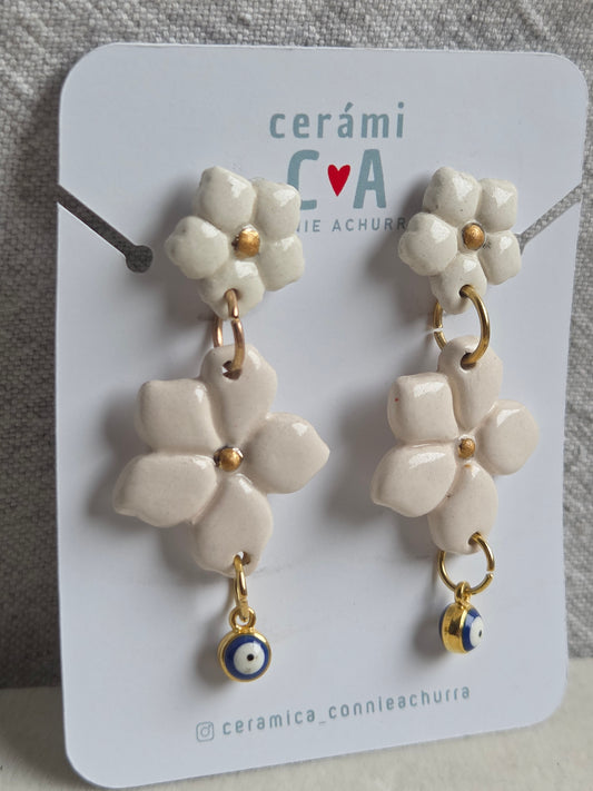 Aros 2 piezas blanco/dorado + ojo turco