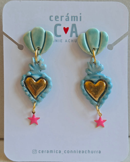 Aros corazón menta y turquesa con oro, 2 piezas + estrella