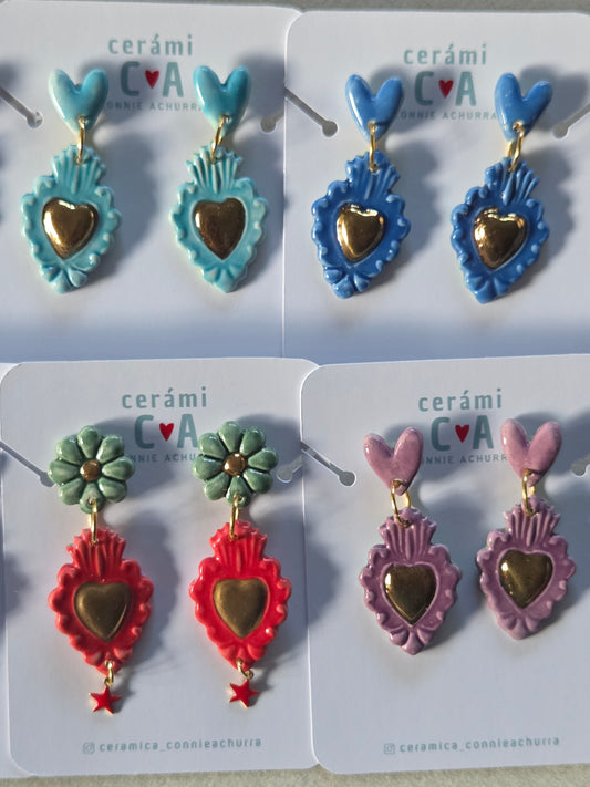 Aros corazón morado y oro 2 piezas