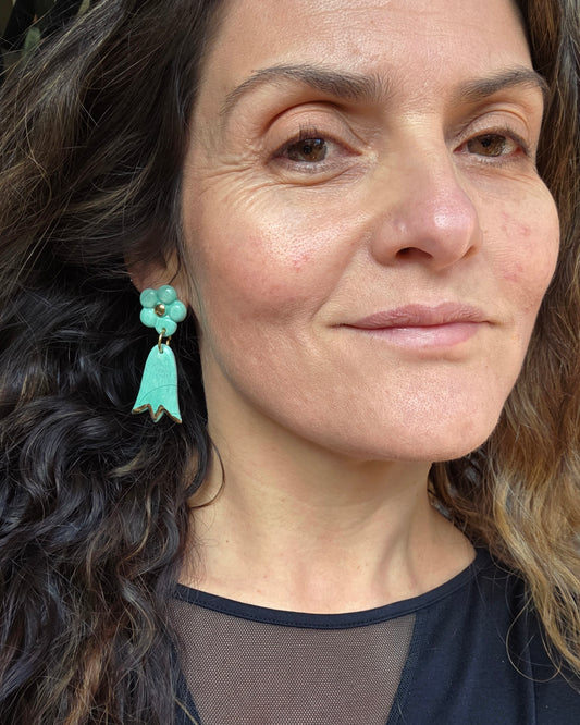 Aros copihues turquesa + lustre de oro L