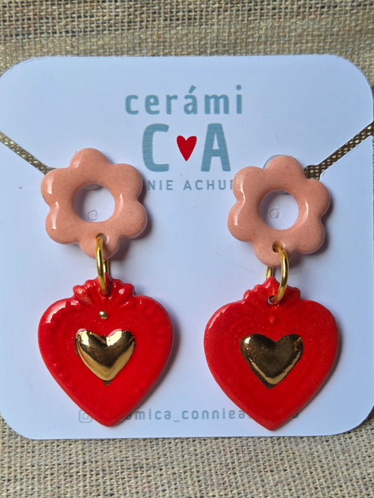 Aros corazón oro 2 piezas rojo rosa flor M