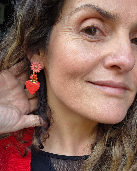 Aros corazón oro 2 piezas rojo rosa flor M